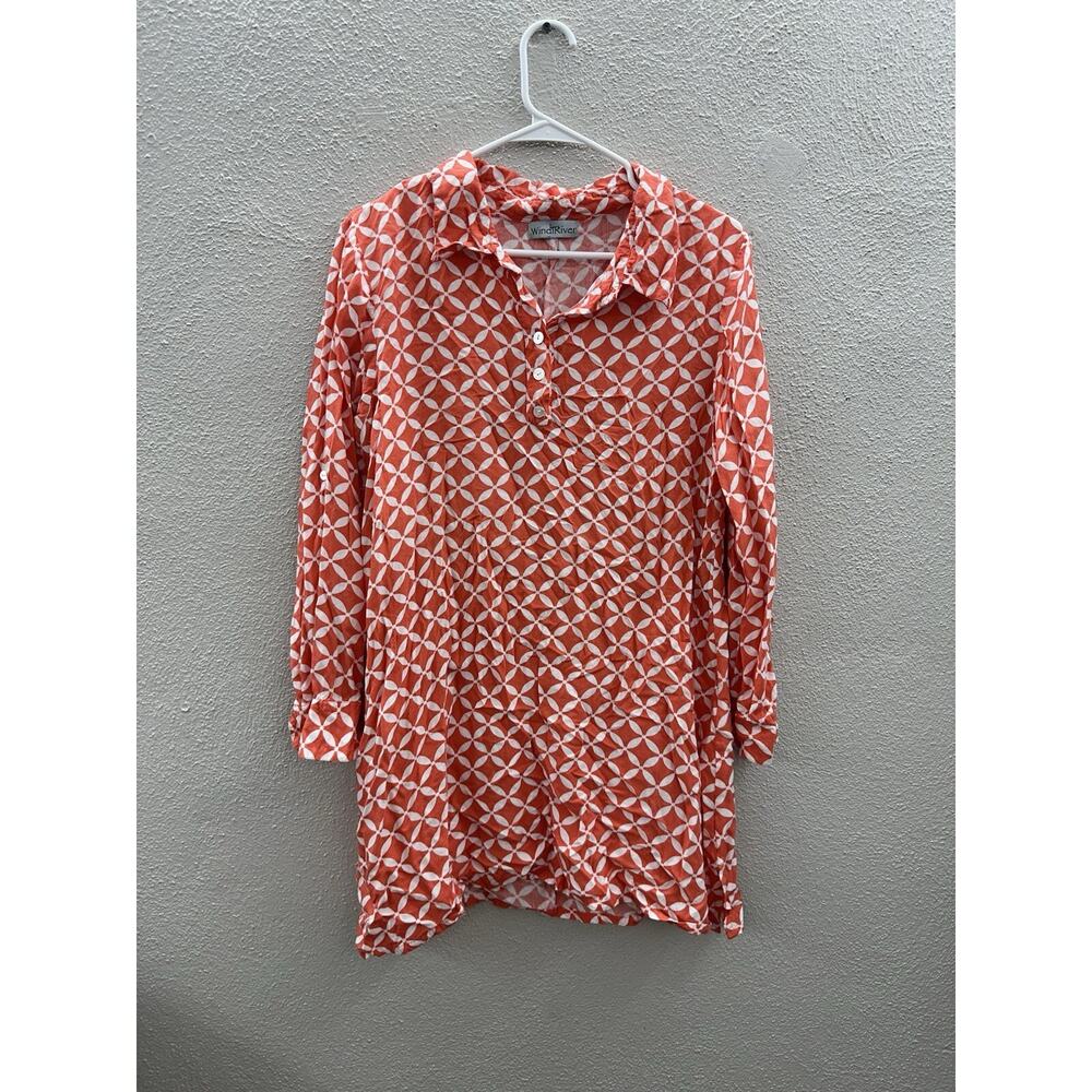 Windiriver Womens Dress Tunic Size Unknown Orange White Diamon Quarter Button Up
